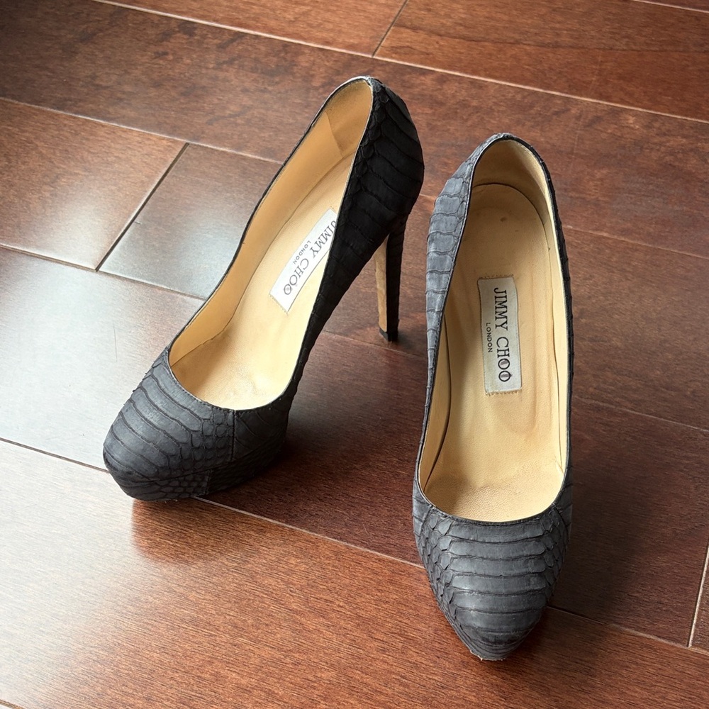 Jimmy Choo lizard embossed matte finish grey platform pumps shoes size 37